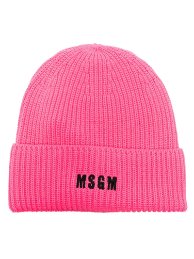 Msgm Embroidered-logo Knit Beanie In Pink