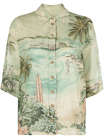 Zimmermann Vacay Surf Beach-print Shirt In Green