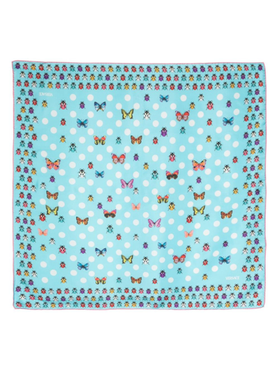 Versace Mix-print Silk Square Scarf In Blue