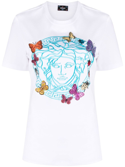 Versace Medusa Head-embroidery Cotton T-shirt In White+print