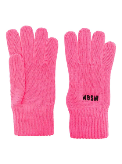 Msgm Logo-embroidered Knitted Gloves In Pink