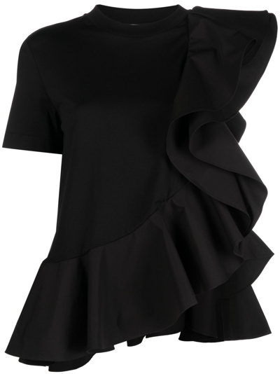 Alexander Mcqueen Asymmetric Ruffled T-shirt In Schwarz