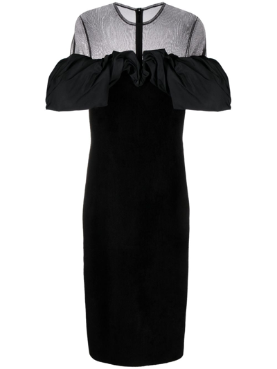 Alexander Mcqueen Velvet And Mesh Midi Dress With Ruffle Detail In Black