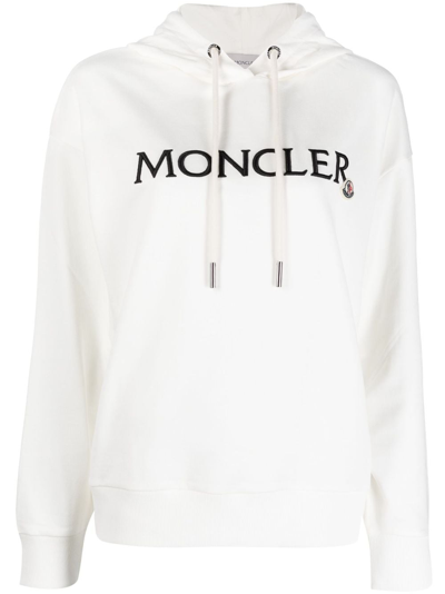 Moncler Logo-embroidered Drawstring Cotton Hoodie In White