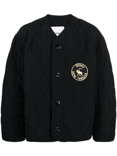 Oamc Denali Quilted Jacket With Print And Embroidery At Back In Black