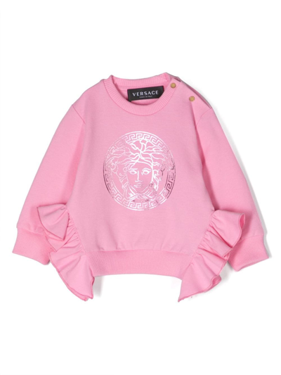 Versace Babies' Medusa Head Ruffle-trim Sweatshirt In Pink