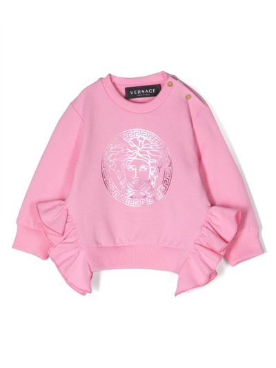 Versace Babies' Medusa Head Ruffle-trim Sweatshirt In Bright Pink