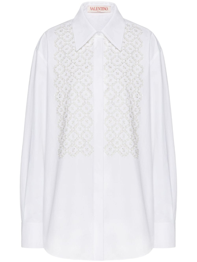 Valentino Embroidered Cotton Long-sleeve Shirt In White