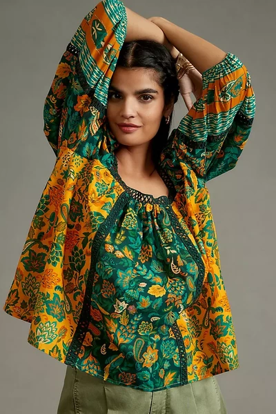 Farm Rio Lace Inset Peasant Blouse In Green | ModeSens