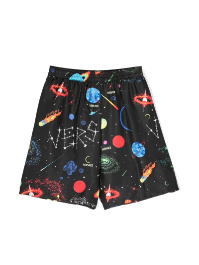 Versace Kids' Galaxy-print Silk Shorts In Black