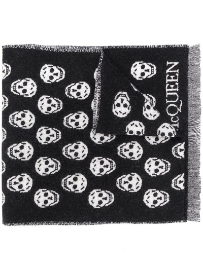 Alexander Mcqueen Reversible Fringed Logo-jacquard Wool Scarf In Black