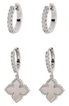 Adornia Swarovski Crystal Huggie Mother-of-pearl Quatrefoil Drop Earrings Set In White
