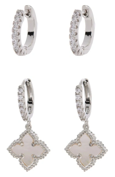 Adornia Swarovski Crystal Huggie Mother-of-pearl Quatrefoil Drop Earrings Set In White