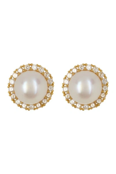 Adornia 9mm Freshwater Pearl Swarovski Crystal Halo Stud Earrings In White/pearl