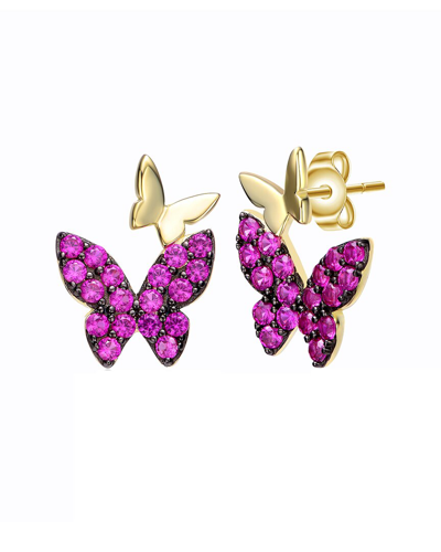 Genevive Sterling Silver 14k Yellow Gold Plated With Ruby Cubic Zirconia Double Butterfly Drop Earrings In Purple