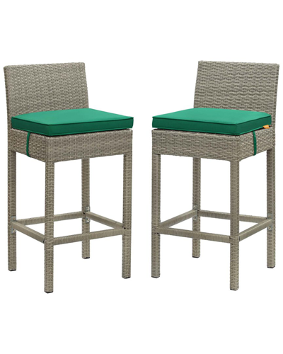 Modway Outdoor Conduit Bar Stool Outdoor Patio Wicker Rattan Set Of 2 In Green