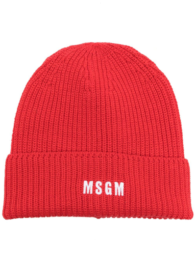 Msgm Logo-embroidered Knitted Beanie In Red