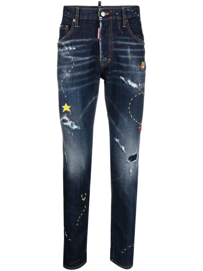 Dsquared2 Illustrated Distressed Skinny Jeans In Blue