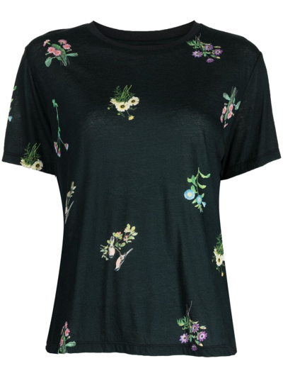 Cynthia Rowley Floral-print Cotton T-shirt In Black
