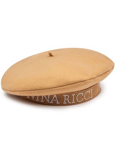 Nina Ricci Logo-print Crystal-embellished Beret In Brown