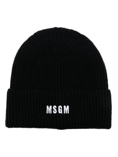 Msgm Logo-embroidered Ribbed-knit Beanie In Black