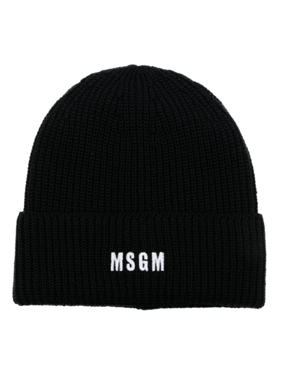 Msgm Logo刺绣罗纹针织套头帽 In Black