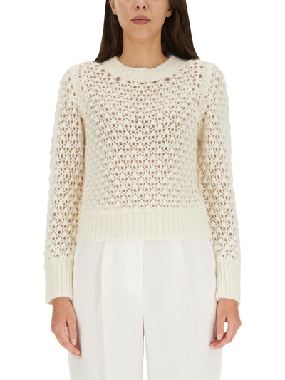 Fabiana Filippi White Crewneck Sweater With Ribbed Trim In Tricot Wool Blend Woman In Neutrals