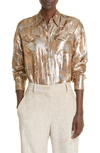 BRUNELLO CUCINELLI METALLIC LEAF PRINT SILK BLEND BUTTON-UP BLOUSE