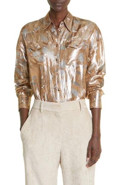 Brunello Cucinelli Metallic Laminated-print Silk Western Blouse In C6601 Camel