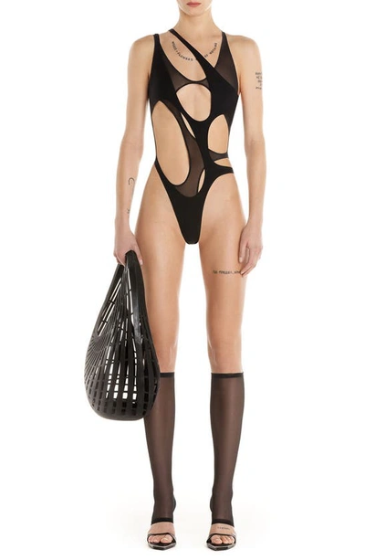 Mugler Asymmetric Cutout Swimsuit In Black