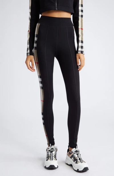 Burberry Womens Black Madden Check-panels Stretch-woven Leggings