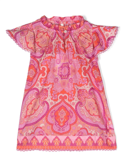 Zimmermann Kids' Girl's Halcyon Flounce Sleeve Paisley-print Dress In Pink