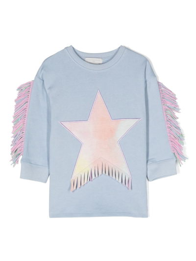 Stella Mccartney Kids' Fringed Star-patch Sweatshirt In Mc Sky Blue Multicoulor