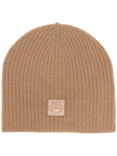 Pinko Ribbed Logo-patch Beanie In Brown