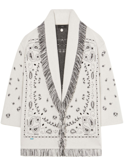 Alanui Bandana Jacquard Fringed Cashmere Cardigan In White