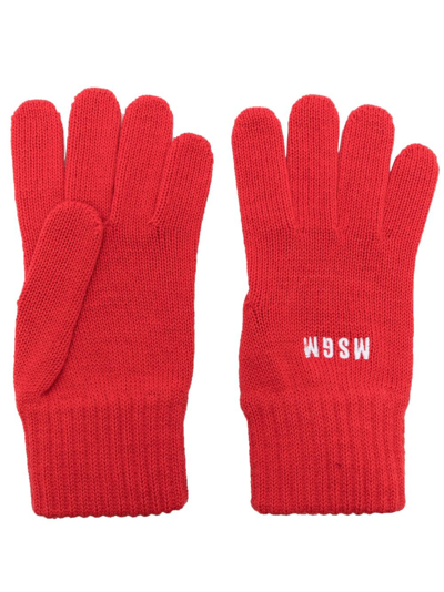 Msgm Logo-embroidered Knitted Gloves In Red