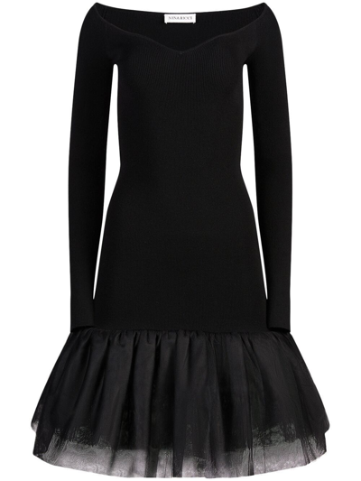 Nina Ricci Sweetheart Wool Tulle Hem Midi Dress In U9000 Black