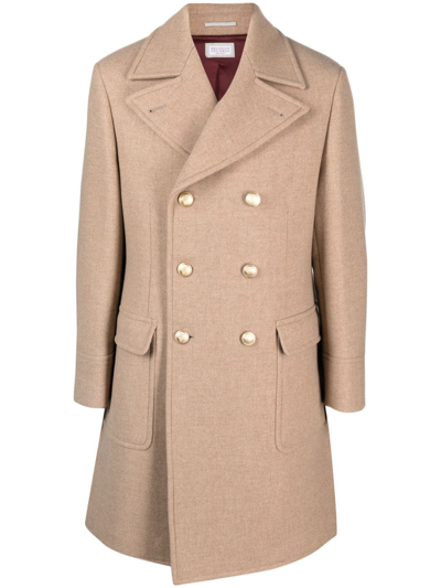 Brunello Cucinelli Double Breasted Coat In Wool And Cashmere In Beige