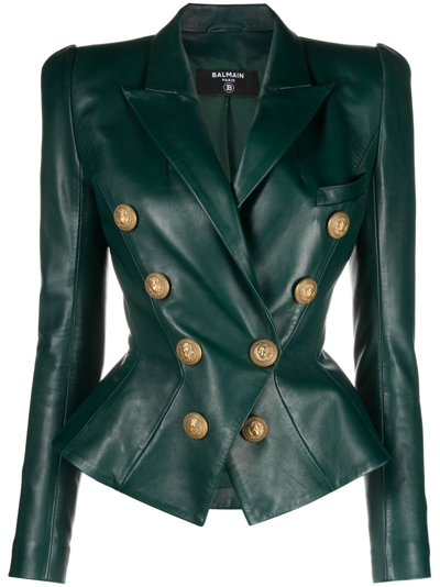 Balmain Double Breasted Leather Blazer In Green