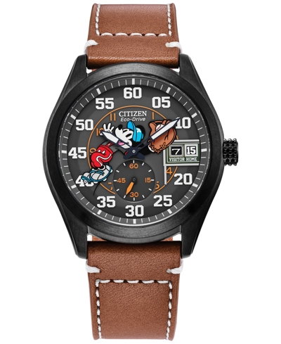 Citizen Eco-drive Men's Disney Mickey Mouse Brown Leather Strap Watch 43mm In Black / Brown
