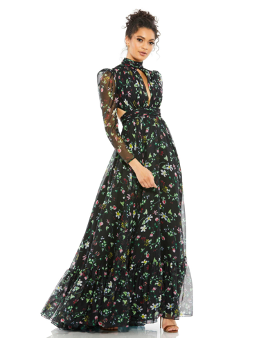 Mac Duggal Floral Chiffon High-neck Gown With Sheer Puff Sleeves And Lace-up Cutouts In Black
