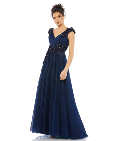 Mac Duggal Floral Applique A-line Evening Gown In Midnight