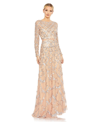 Mac Duggal Embellished Illusion High Neck Long Sleeve A Line Dress In Blush