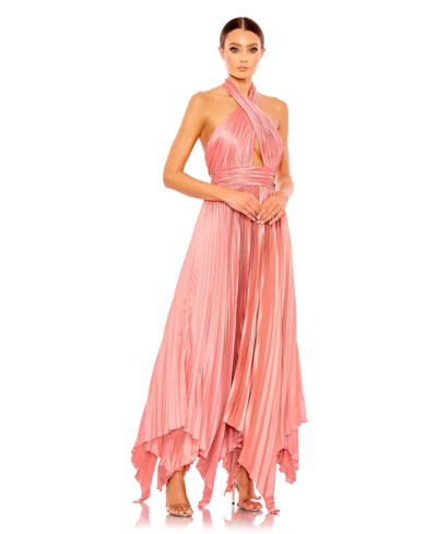 Mac Duggal Pleated Halter Neck Asymmetrical Hem Gown In Rose Pink