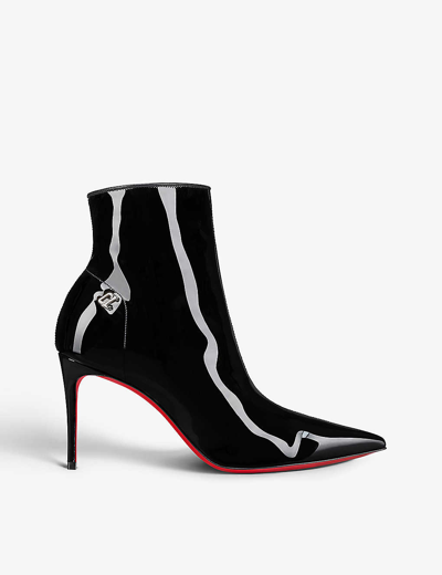 CHRISTIAN LOUBOUTIN CHRISTIAN LOUBOUTIN WOMEN'S BLACK SPORTY KATE 85 BOOTY PATENT-LEATHER HEELED ANKLE BOOTS,67495246