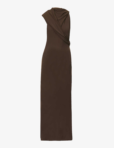 Saint Laurent Hooded Asymmetric Cutout Draped Knitted Maxi Dress In Marron Fonce