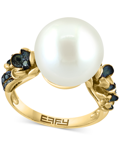 Effy Collection Effy Freshwater Pearl (13mm) & Black Diamond (1/10 Ct. T.w.) Ring In 14k Gold