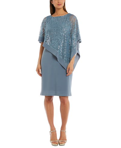 R & M Richards Plus Size Sequined Lace Cape Dress In Slate