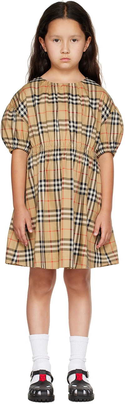 Burberry Kids' Girl's Shelley Check-print Puff Sleeve Dress In Archive Beige Check