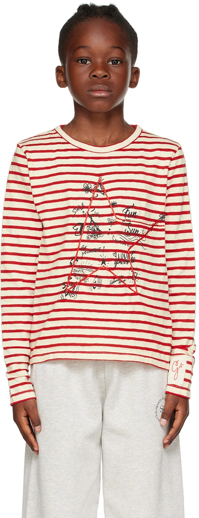 Golden Goose Kids Red & Off-white Embroidered Long Sleeve T-shirt In 81265 Ecru/tango Red